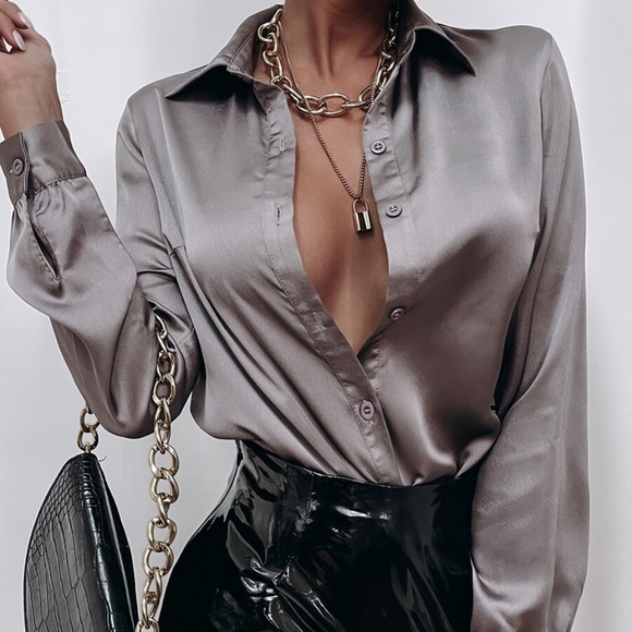 Satin Camel button up minimalist Boyfriend Shirt - Picture 12 of 12